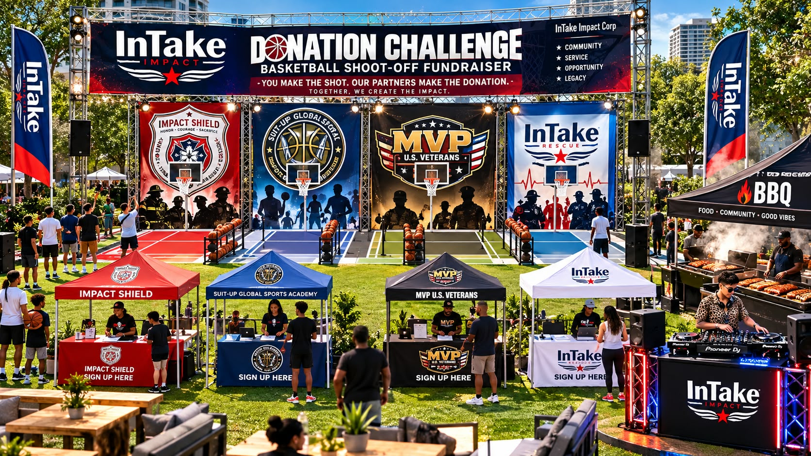 The Donation Challenge — Event Layout with Impact Shield, Suit-Up Global, MVP Veterans booths, basketball court, BBQ area, and stage